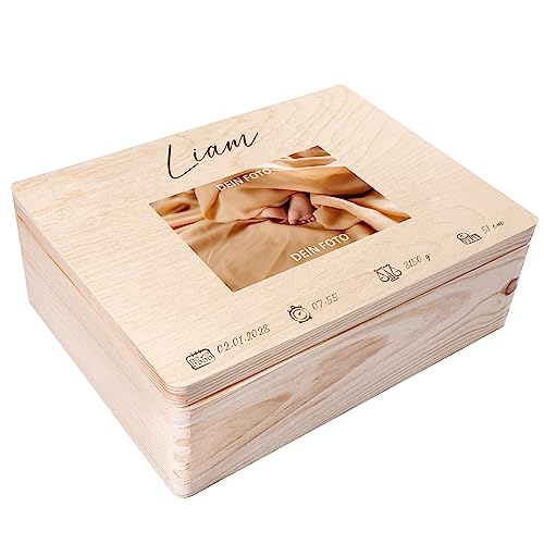 Creative Deco Foto Erinnerungsbox Baby Holzkiste Personalisiert | 40 x 30 x 14 cm (+/-1cm) | für Geburt & Taufe | Groß Natur Geschenk Spielzeugkiste Holzbox mit Deckel Gravur