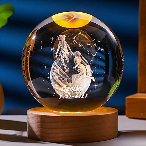 qianyue Laser Gravierte Sternzeichen Kristallkugel Miniatur 3D Kristall Handwerk Dekoration Glas Kugel Dekoration Zubehör Geschenk (80mm, Zwillinge)