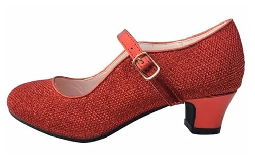 La Señorita - Prinzessinnen Schuhe – Rot Glitzer Glamour für Mädchen - Brautjungfer Schuhe beim Hochzeit - Spanische Festliche Flamenco Tanz Schuhe für Kinder – Riemchenpumps