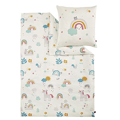 s.Oliver Einhorn Bettwäsche 100x135cm - Kinderbettwäsche Regenbogen Einhörner 100% Baumwolle, hochwertiger Makosatin, 2 teiliges Set aus Bettwäsche 100x135 cm und Kissen 40x60 cm, Reißverschluss