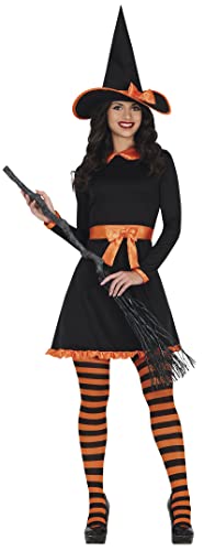FIESTAS GUIRCA Orange Hexe Kostüm – Hexenkostüm Schwarzes Kleid mit Hexenhut – Halloween Kostüm Erwachsene Damen Größe 40-42 L