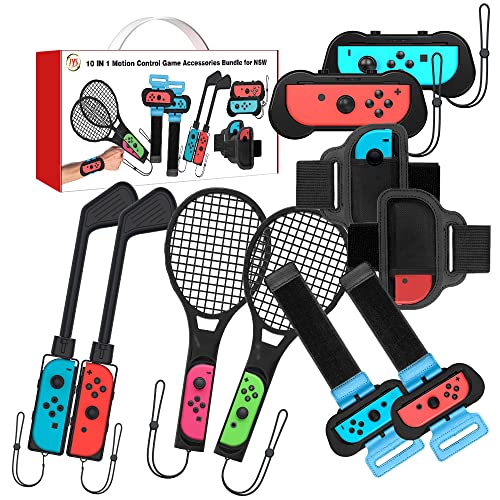 ZUJO 10 in 1 Sportzubehör für Nintendo Switch/Nintendo Switch OLED 2021 – Controller-Griffe, Tennisschläger, Golfschläger, Hand- und Beinbänder