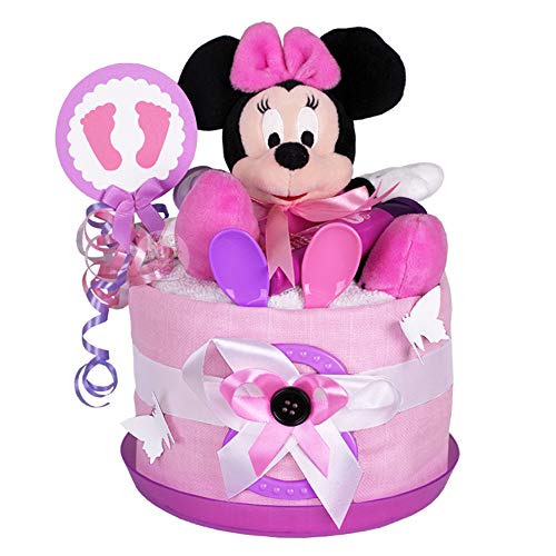 MomsStory - kleine Windeltorte Mädchen | Windelgeschenk Minnie Mouse Disney | Baby-Geschenk zur Geburt Taufe Babyparty | 1 Stöckig (Rosa-Pink) Geburtsgeschenk mit Kuscheltier Schnuller Windeln & mehr