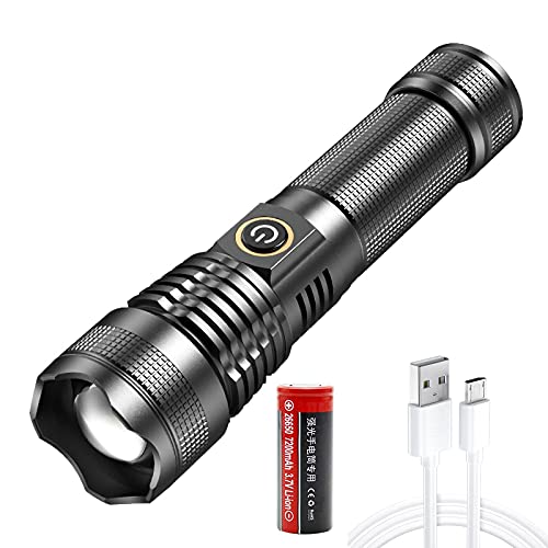 Taktische LED Taschenlampe, Superhelle 10000 Lumens Taktische CREE XHP70 Wiederaufladbare Taschenlampe, 5 Modis Zoombar Wasserdicht, für Camping, Wandern, Outdoor-Sportarten, Mit Batterie