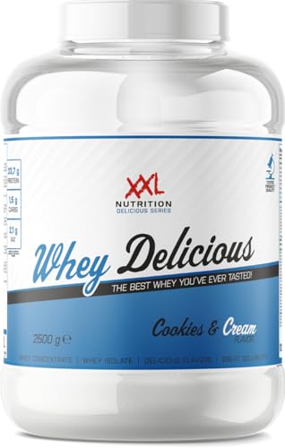 XXL Nutrition - Whey Delicious Protein Pulver - Leckerste Shake - Eiweiss Pulver, Whey Protein Isolat & Konzentrat - Hohe Qualität - 78,5% Proteingehalt - Cookies & Cream - 2500 Gramm