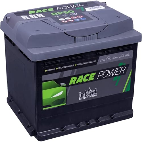 intAct Race-Power RP50 Starterbatterie 12V 50Ah, 450A (EN) Kaltstartstrom, geschlossene und wartungsfreie Autobatterie mit bis zu 15% mehr Leistung