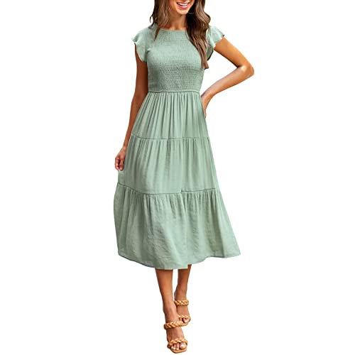 DYXIA Damen Flutter Kurzarm gesmoktes Midikleid Sommer lässig abgestuftes Kleid in A-Linie (Color : Green, Größe : M)