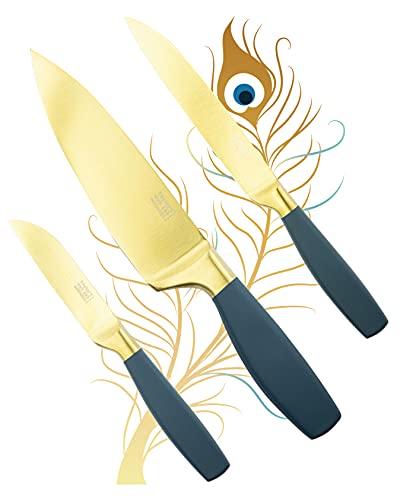 Küchenmesser-Set, 3-teilig, 9 cm, 12 cm, 15 cm Küchenmesser-Set, matt-goldfarben