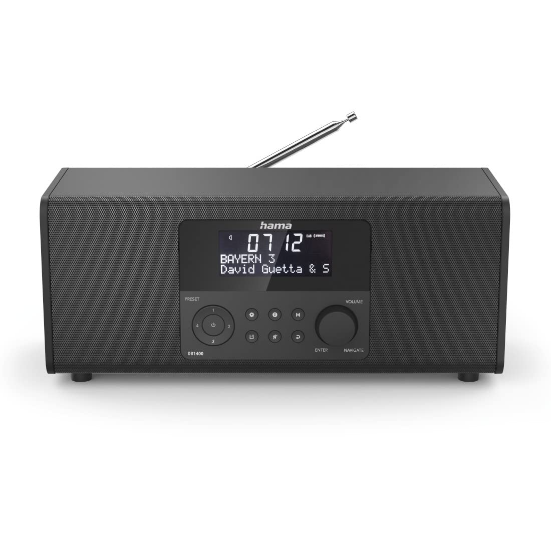 Hama Digitalradio DR1400 (DAB/DAB+/FM, Radio-Wecker mit 2 Alarmzeiten/Snooze/Timer, 4 Stationstasten, Stereo, beleuchtetes Display, kompaktes Digital-Radio) schwarz