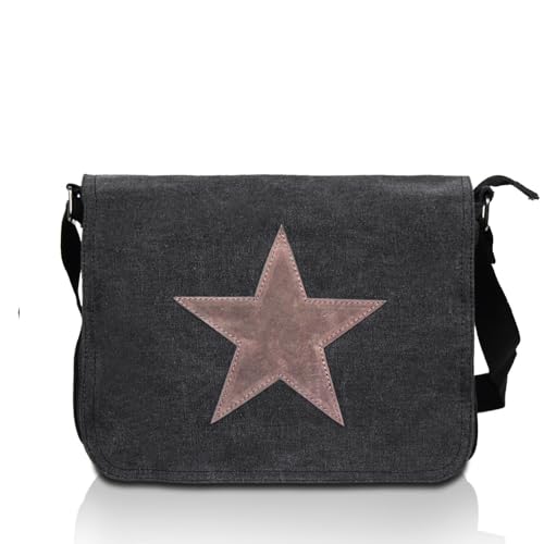 Gloop Damen Handtaschen Tasche Schultertasche Umhängetasche mit aufgenähtem Stern Maße 37 x 27 x 8 cm (Schwarz 23108a11)