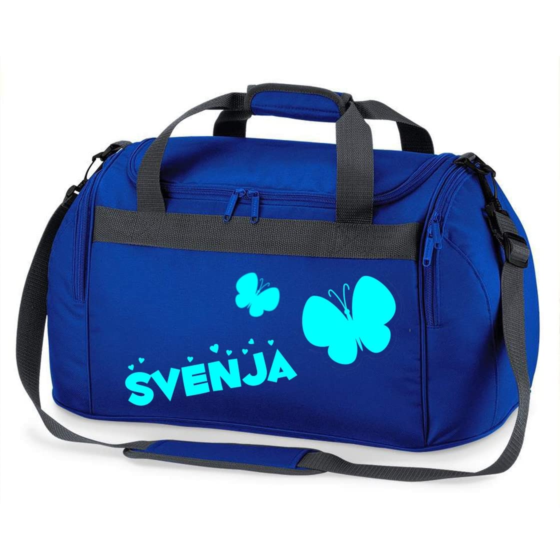 Kinder-Sporttasche mit Namen Bedruckt | Personalisierbar mit Motiv Schmetterling | Reisetasche Duffle Bag für Mädchen in Pink, Blau, Grün (Royalblau)