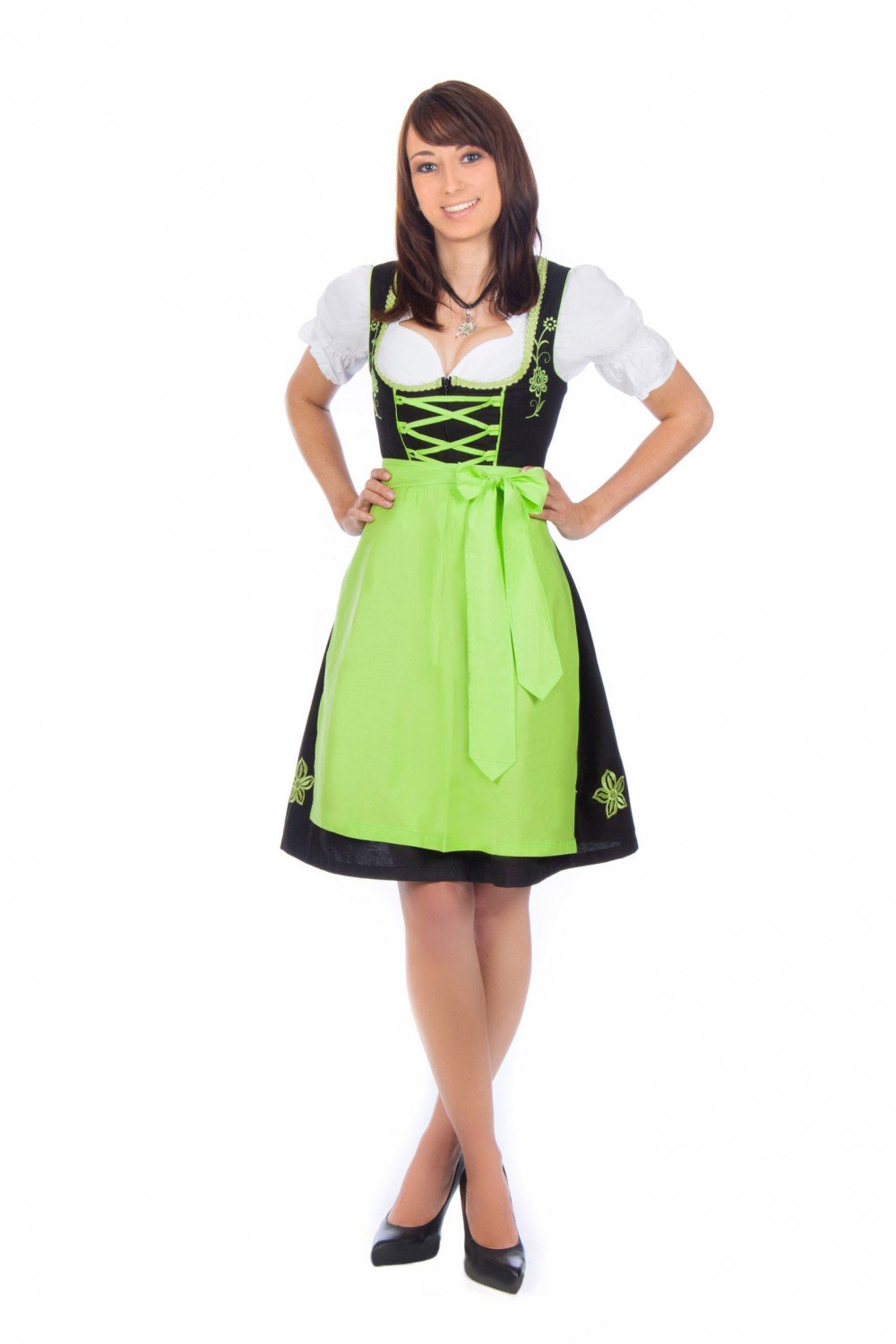 Bayerische Trachten-Dirndl Kleid 3-teilig mit Schürze + Bluse Farbe -Schwarz,34