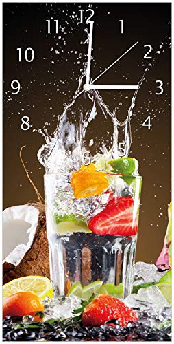 Wallario Design Wanduhr Tropische Früchte in einem erfrischenden Drink aus Acrylglas, Größe 30 x 60 cm, weiße Zeiger