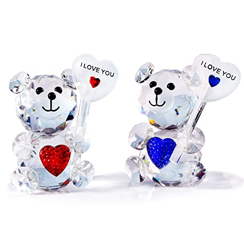 2 Stück Kristallbären mit Liebe Herz Schild Spruch I Love You, klare Sammlerfiguren Andenken Geschenke für Frauen