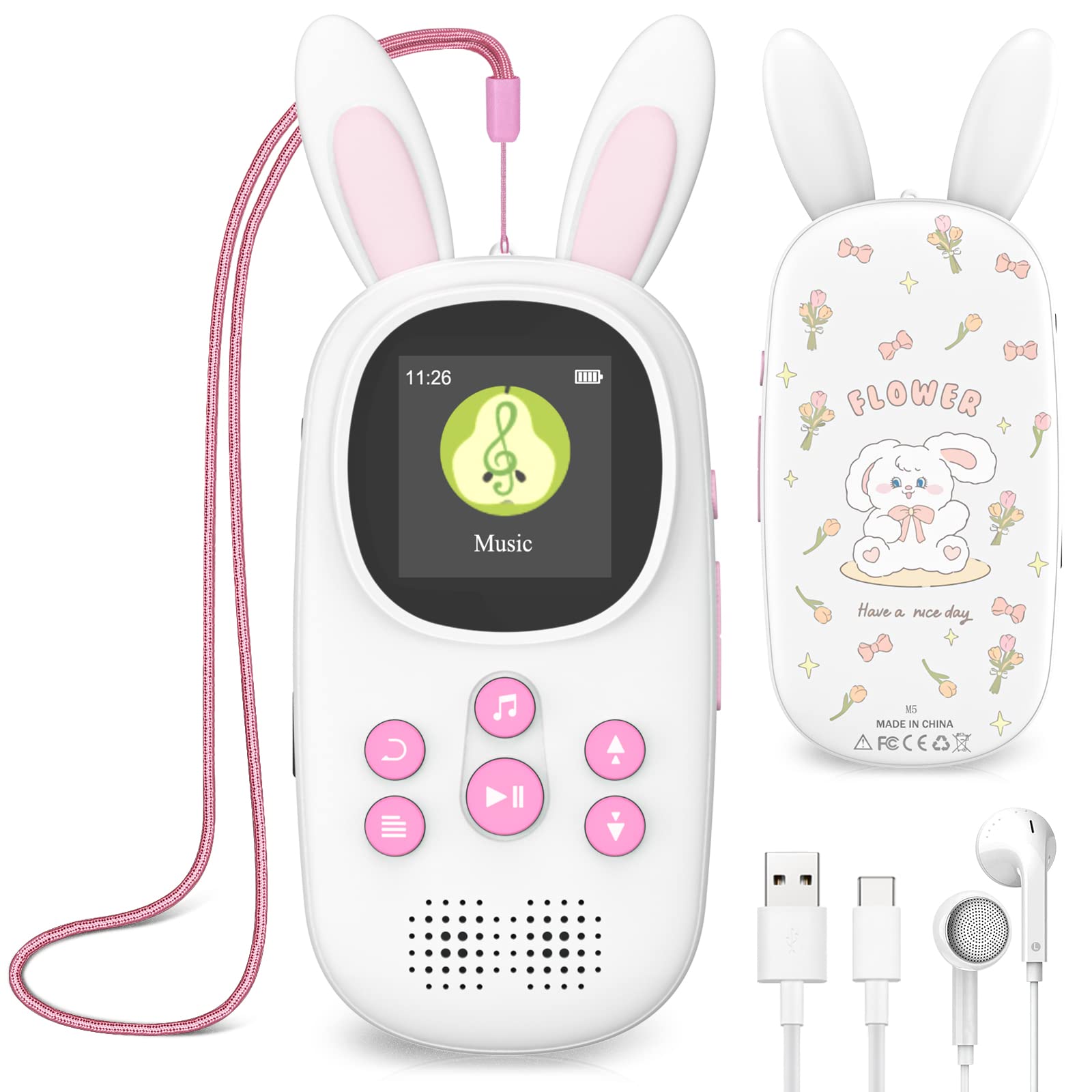 16GB Bluetooth MP3 Player , Niedlicher Hase Kinder Musik Player mit Kopfhörer & Lautsprecher, mit FM Radio, Aufnahmen, Alarm, Schrittzähler, Stoppuhr, Unterstützung bis zu 128GB.