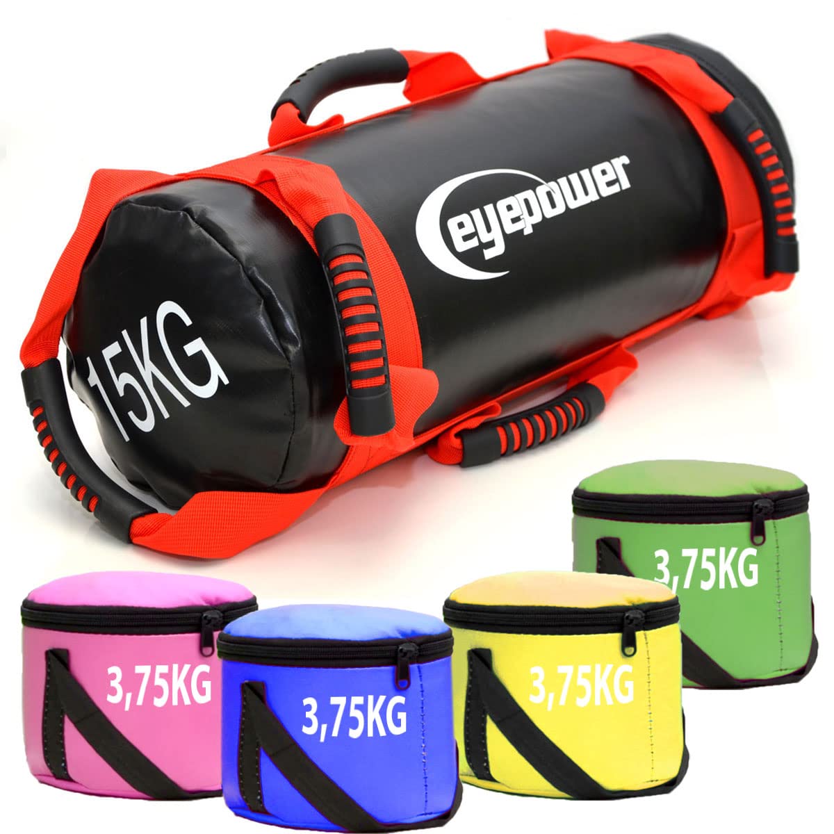 EYEPOWER 15kg Power Bag + 4 Kettlebell Gewichte - Befüllt mit Eisensand - Besser als Geräte: 6 Griffe Fitness Sandbag für Zuhause - 18x50cm Gewichtssack für Home Training - Bauch- und Rückentrainer