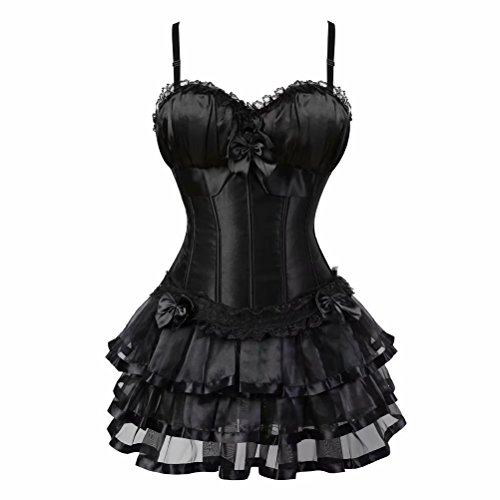Damen Vollbrust sexy Corsage Kleid kurz Korsett mit träger Strapse Spitze schnürmieder Burlesque Gothic Schwarz 3XL