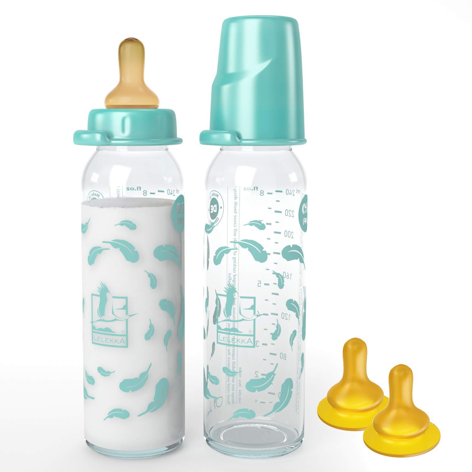 Lelekka® SPAR-SET 2 x Standard Glasflasche 240ml mit Rund Sauger aus Latex, Größe M (Milch ab Geburt) inkl. 2 x Trinksauger Größe S (Muttermilch, Tee & Pre-Nahrung) Naturlatex