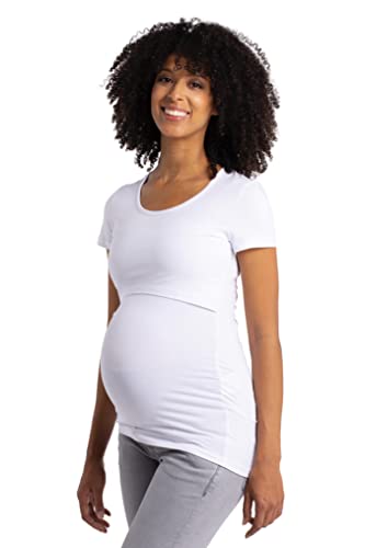 MAMARELLA Stillshirt Kurzarm aus Baumwolle GOTS weiß, Umstandsshirt mit Stillfunktion für die Schwangerschaft & Stillzeit, Doppellagiges Design für diskretes Stillen, weich & pflegeleicht (S)