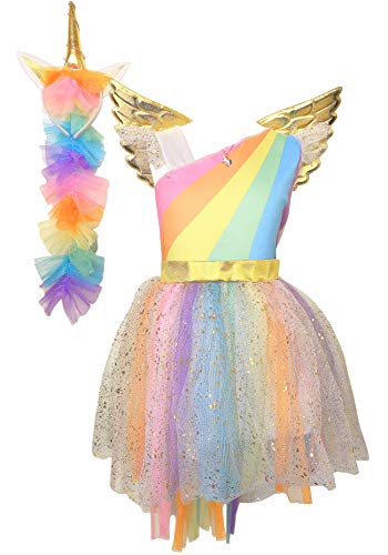 La Senorita Einhorn Kleid Unicorn Kleid + GRATIS Haarreif und Kette - Tutu Kinder Kostüm Prinzessin Kleid Regenbogen Verkleidung Mädchen (Größe 104/110 (S) 3/4 Jahr)