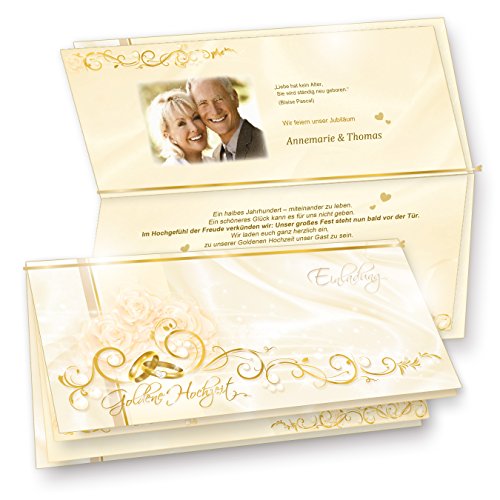 Einladungskarten Goldene Hochzeit (10 Sets) fein abgestimmte Einladungen Goldhochzeit, Set mit 10 Karten, 10 Umschläge, 10 Einlegeblätter zum Selbstbedrucken