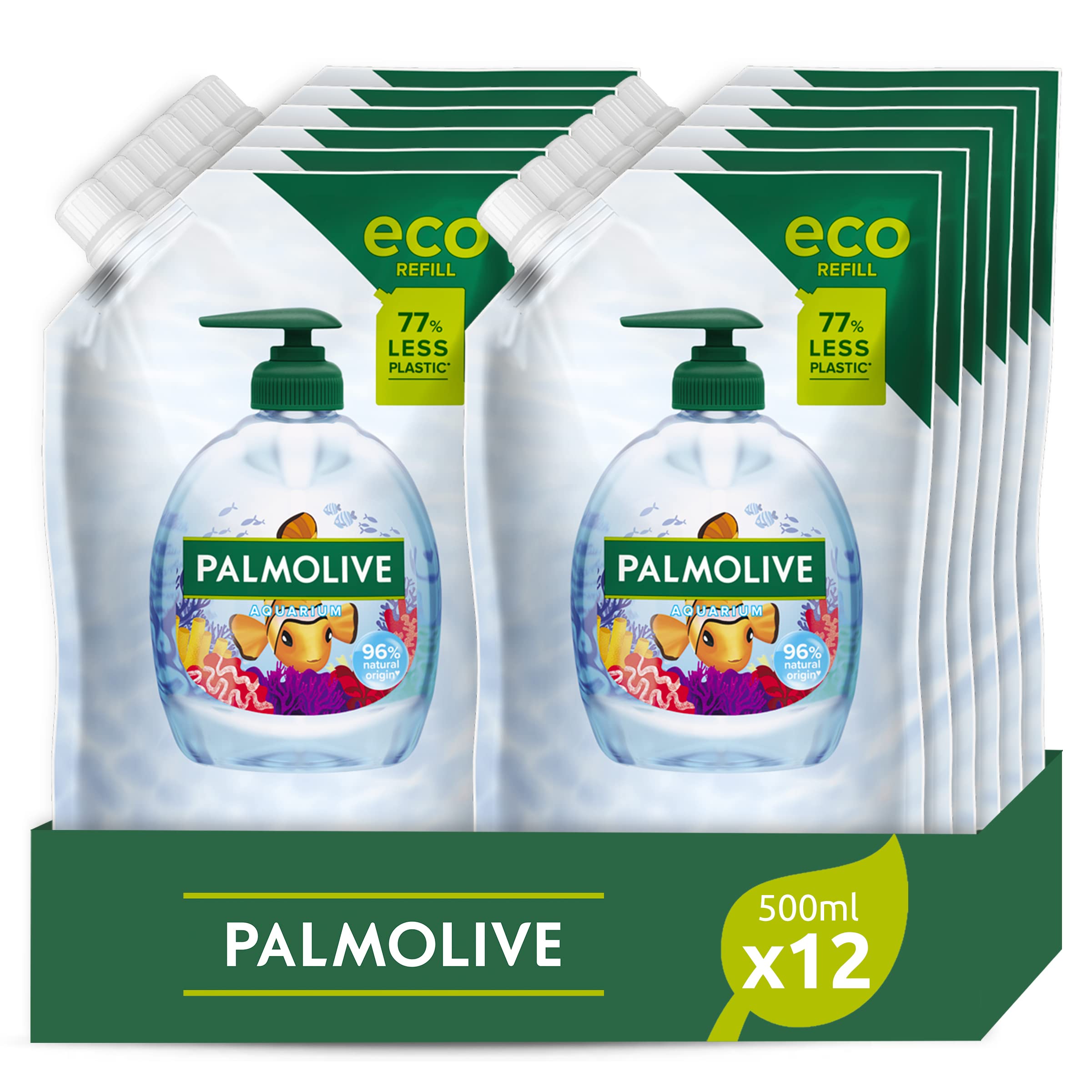 Palmolive Eco Nachfüller Flüssigseife Aquarium 12 x 500ml I Schutz gegen Bakterien I Vegan | Inhaltsstoffe zu 96% natürlichen Ursprungs* I dermatologisch getestet