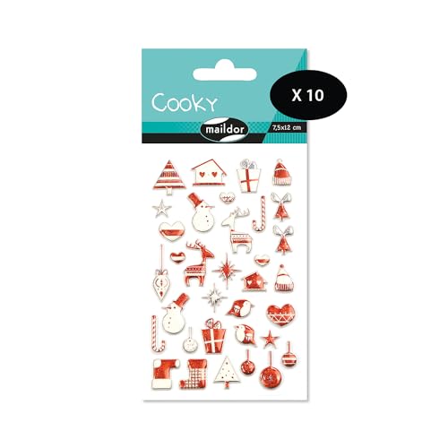 Maildor CY043Opack – eine Packung mit 3D-Aufklebern Cooky, 1 Bogen 7,5 x 12 cm, skandinavische Weihnachten, Rot (34 Aufkleber), 10 Stück