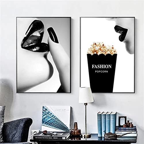 CULASIGN 2er Set Bilder Schwarz Weiß Poster Set OHNE Rahmen, Vintage Schwarz Weiß Frau Popcorn Wandbilder für Schlafzimmer Wohnzimmer Büro Flur Eingang (50x70cm)