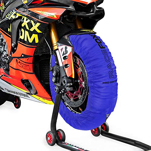 Reifenwärmer Tire Warmers RACEFOXX PRO DIGITAL bis max. 99° C SUPERBIKE, 120/17 vorne und 180 bis 200/17 hinten für Motorradreifen Rennsport Heizdecken blau