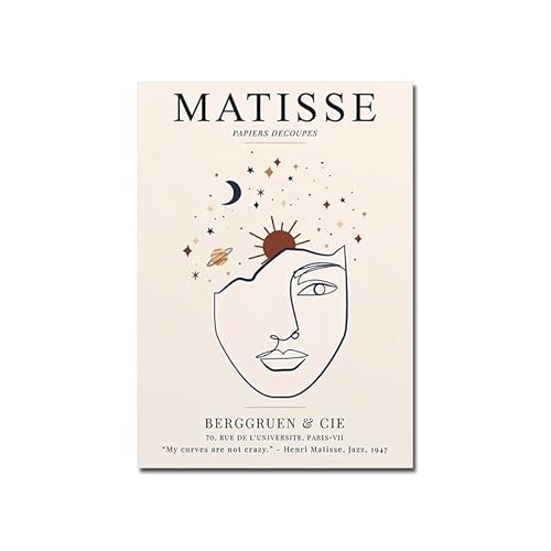 GIBOH Abstraktes Matisse Black Lien Girl Face Poster und Drucke, Moderne Wandkunst, Figur, Beige, Leinwandgemälde, nordische Bilder für Heimdekoration, 50 x 70 cm x 1, ohne Rahmen