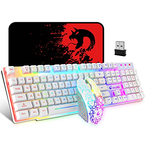 Kabellose Gaming-Tastatur und Maus, wiederaufladbar, Regenbogen-Hintergrundbeleuchtung, 3800 mAh Akku, mechanische Haptik, Gaming-Tastatur, 7 Farben, Gaming-Maus, Gaming-Mauspad für PC-Gamer (weiß)