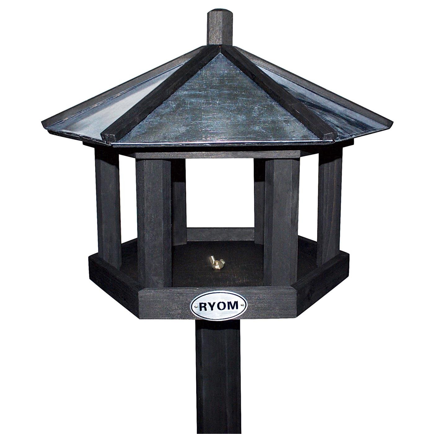 Ryom Vogelhaus Futterstation aus Holz schwarz, mit Ständer, als Bausatz H 128 cm x ø 30 cm