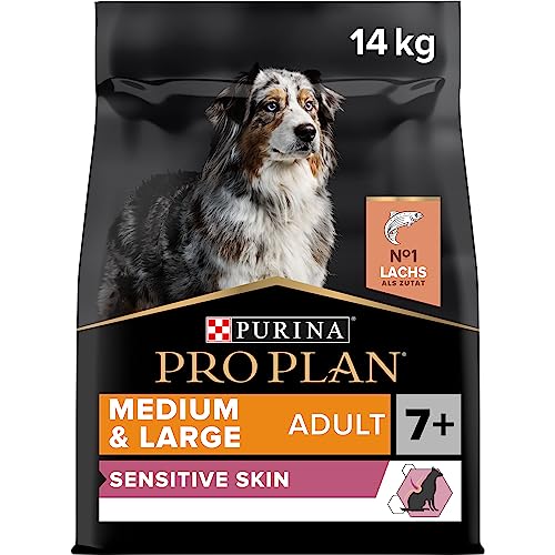 Purina PRO PLAN DOG Medium & Large Adult 7+, Premium Hundetrockenfutter, für sensible Haut, reich an Lachs & Reis, 1er Pack (1 x 14 kg Beutel)