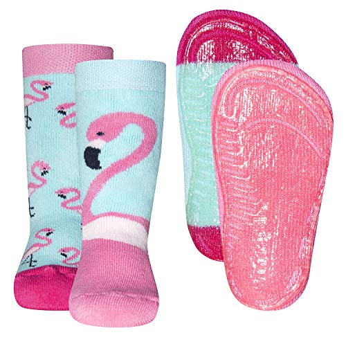 EWERS 2er Pack Flamingo Stoppersocken SoftStep, Socken mit Antirutschsohle für Mädchen, Anti-Rutsch-Socken mit Gummisohle, 2 Paar rutschfeste Kindersocken, Größe 19-20