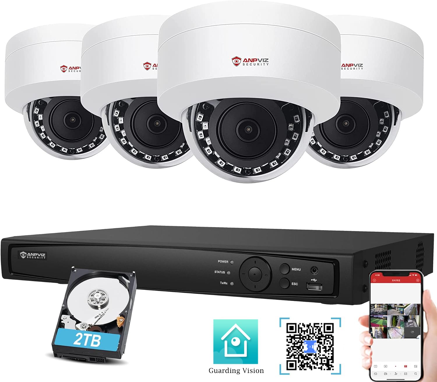 Anpviz 5MP Überwachungskamera Aussen Set, 8CH 4K NVR Videoüberwachung mit 4X 5MP CCTV PoE Kameras und 2TB HDD, 24/7 Aufnahme Innen Outdoor, Plug & Play, Bewegungserkennung, Wetterfeste IP66(HK Serie)