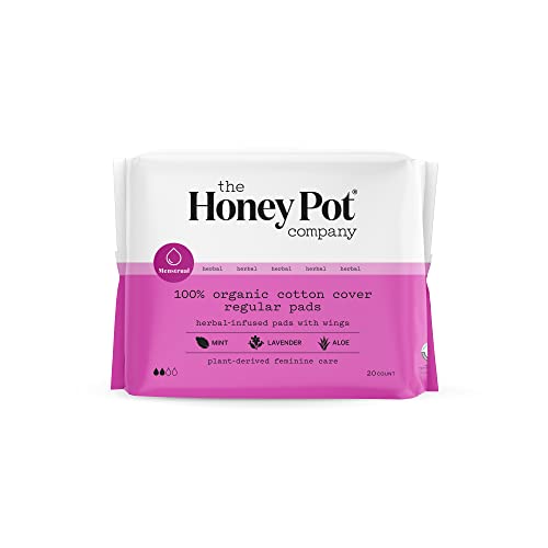The Honey Pot Company - Regular Flow Pads with Wings - - Organic Pads for Women - Herbal Infused w/Essential Oils for Cooling Effect, Cotton Cover, & Ultra-Absorbent Pulp Core - Feminine Care - 20 ct