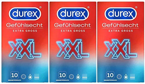 Durex Gefühlsecht XXL Kondome - Angenehmer Geruch, perfekten Sitz und leichtes Abrolle – Große Kondome mit Easy-On-Form, befeuchtet & transparent – 30er Pack (3 x 10 Stück)