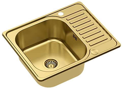 QUADRON | KEVIN PVD-Edelstahl-Küchenspüle mit Einzelbecken | Waschbecken mit Abtropffläche | Abfluss inklusive | passend für einen Schrank ab 45 cm | Einbau (PVD GOLD)