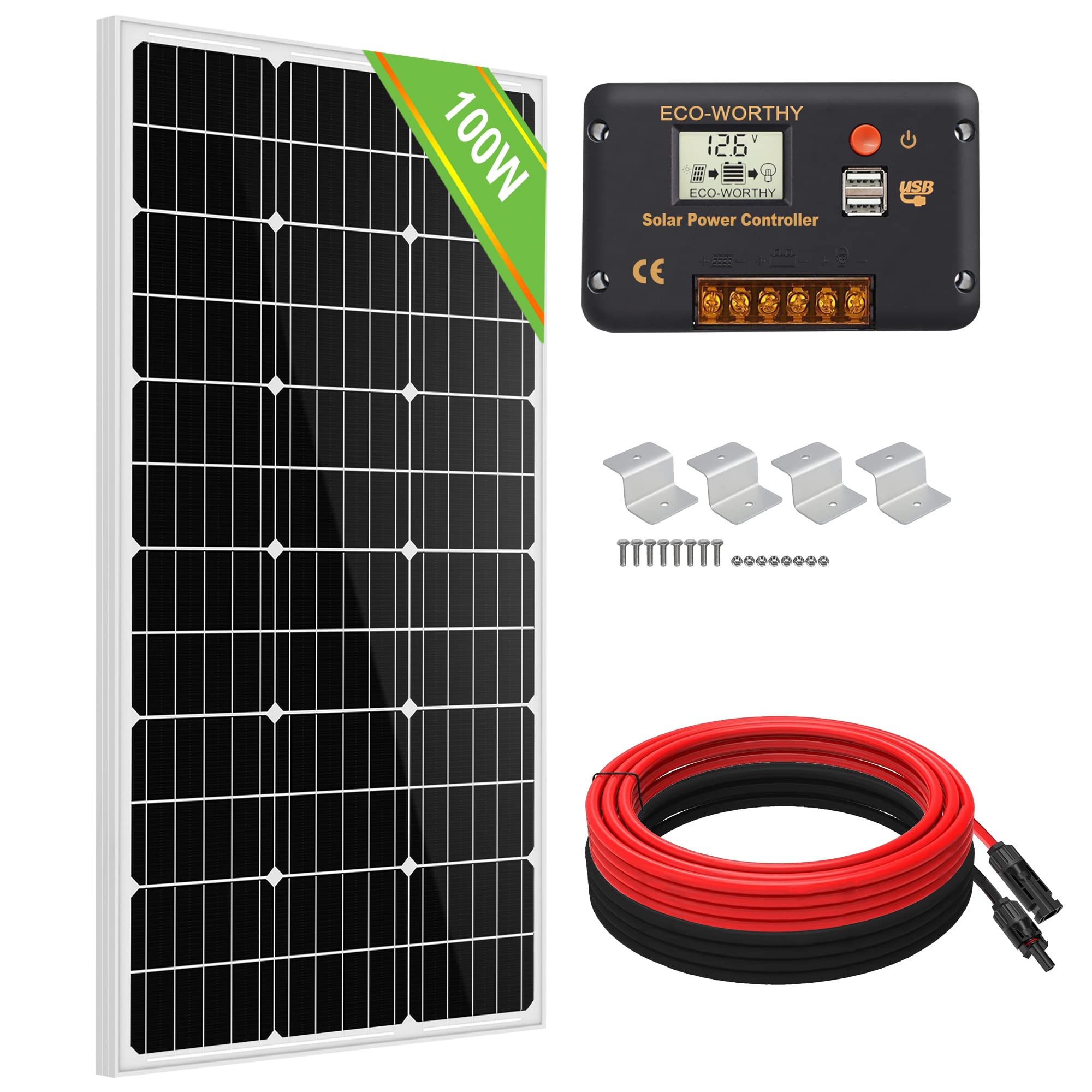 ECO-WORTHY 100W 12V Solarpanel-Kit mit Solarladeregler & 5m Solarkabel & Z-Halterungen für Wohnmobil