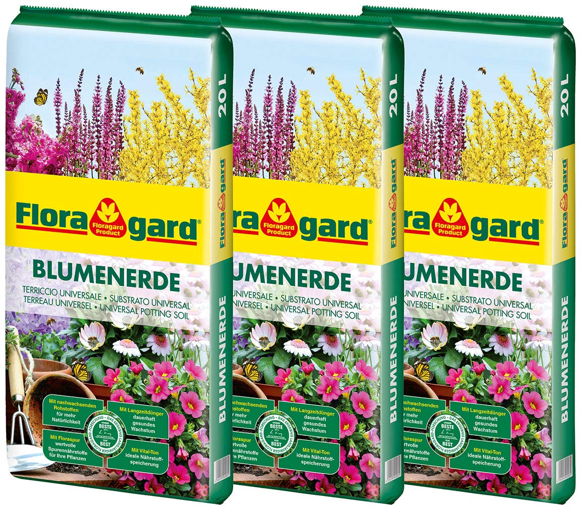 Floragard Blumenerde 3x20 L - Universalerde für Zimmer-, Balkon- und Kübelpflanzen - mit Ton und Langzeitdünger - 60 Liter
