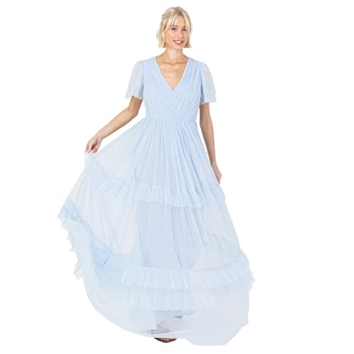 Anaya with Love Damen Ladies Maxi Dress for Women Short Sleeve Evening Ball Gown Tiered V Neck Bow Tie Bridesmaid Wedding Guest Prom Long Kleid, Light Blue, 54