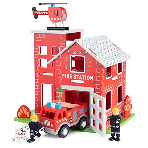 New Classic Toys - 11020 - Feuerwache mit Feuerwehrauto, Helikopter, Feuerwehrmann, Rettungshund, Feuerdisplay und Hydrant