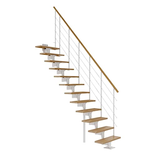 DOLLE Mittelholmtreppe Boston | 11 Stufen | Geschosshöhe 228 – 300 cm | Geradelaufend | Eiche, lackiert | Unterkonstruktion: Weiß (RAL 9016) | volle Stufen 70 cm | inkl. Geländer | Nebentreppe