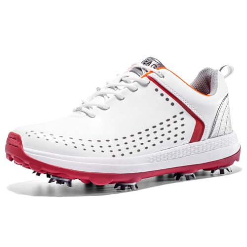NGARY Herren Golfschuhe mit Spikes Wasserabweisende Golfsport Training rutschfeste Außensohle leichte Golf Schuhe,White c,44 EU