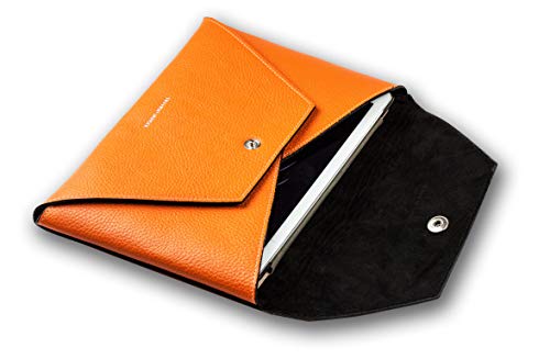 DELMON VARONE - Personalisierbare Universal Hülle kompatibel mit iPad & Tablet bis 11 Zoll aus Soft Grain Leder Orange, Moderne Echtleder Tablethülle, stoßfeste Leather Tablettasche personalisiert