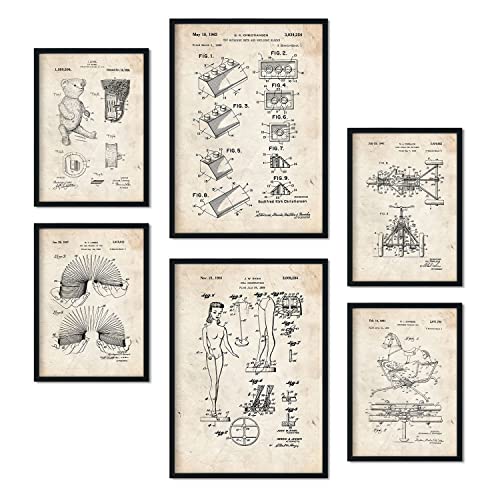 Nacnic Set von 6 Plakaten mit Spielzeuge Patenten. Plakate mit Retro-Patentabbildungen. Inneneinrichtung im Vintage-Stil. Grösse A4 und A3. Mit Rahmen.