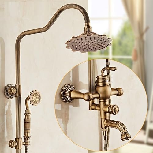 Europäischer Stil Antik Dusche Duschset Badezimmer Toilette All-Kupfer-Mischventil Regenduschkopf Geschnitztes F-Modell