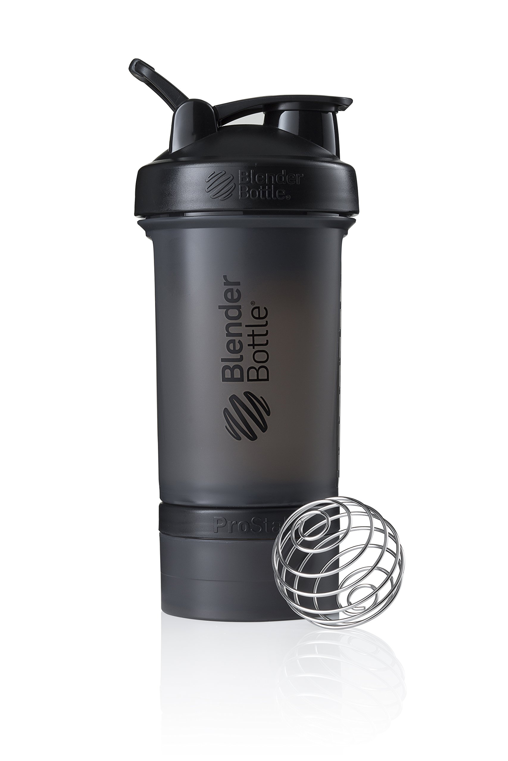 BlenderBottle ProStak Protein Shaker mit BlenderBall mit 2 Container 150ml und 100ml, 1 Pillenfach, optimal für Eiweiß, Diät und Fitness Shakes, skaliert bis 450ml, schwarz (650ml)