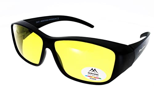 Polarisierende Montana Sonnenbrille/Überbrille in Schwarz matt + gelbe Gläser inkl. Stoffbeutel und Tasche