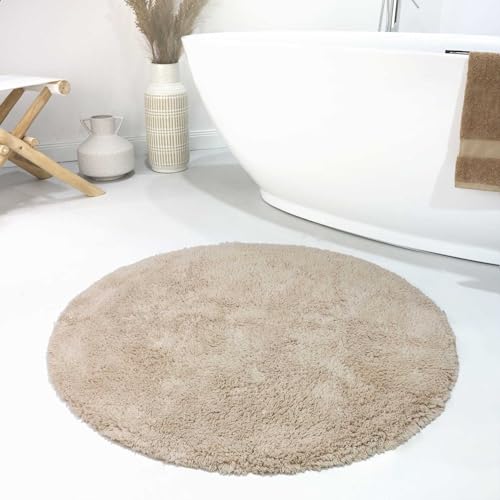 wecon home Moderner Flauschiger und waschbarer Badezimmerteppich aus Baumwolle - Ole (90 cm rund, Creme beige)